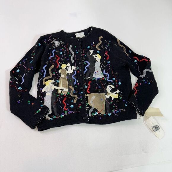 Susan Bristol Cardigan Sweater Womens Medium y2K 1999 Embroidered New Years Eve - Picture 1 of 10